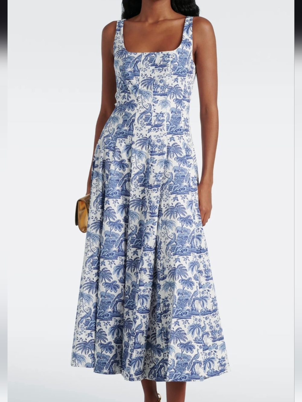 Staud Wells Printed Cotton Poplin Midi A-Line Blue Toile Dress Size 10